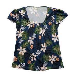 Makai Beach Hawaiian Top XL Blue Floral Square Neck Vacation Aloha